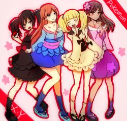 Rule 34 | 4girls, :d, black footwear, black hair, black kimono, black sash, black socks, blonde hair, blue footwear, blue kimono, blue socks, blush, bow, brown eyes, brown hair, closed eyes, closed mouth, copyright name, dark-skinned female, dark skin, floral print, floral print kimono, flower, furisode, furisode girl (pokemon), furisode girl blossom, furisode girl kali, furisode girl katherine, furisode girl linnea, grey eyes, hair flower, hair ornament, holding, holding poke ball, japanese clothes, kimono, long hair, mazeru (jisjifin), multiple girls, nintendo, obi, open mouth, orange hair, outline, pink flower, pink kimono, pink sash, platform sandals, poke ball, poke ball (basic), pokemon, pokemon xy, print kimono, purple socks, red bow, red eyes, red outline, sandals, sash, short hair, smile, socks, standing, teeth, twintails, upper teeth only, white kimono, white socks