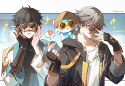 2boys animal animal_ears animal_nose artist_name black_coat black_gloves black_hair black_shirt blue_fur border brown-framed_eyewear brown_hat bubbles_(honkai:_star_rail) caelus_(honkai:_star_rail) chimera_(honkai:_star_rail) chinese_clothes closed_mouth coat collarbone commentary constellation_print dan_heng_(honkai:_star_rail) dan_heng_(hunt)_(honkai:_star_rail) earrings english_commentary fingerless_gloves fingernails gloves grey_hair hair_between_eyes hands_up hat heart heart-shaped_eyewear highres honkai:_star_rail honkai_(series) hood hooded_coat innertube jewelry lapels lips long_sleeves looking_at_viewer male_focus multiple_boys open_clothes open_coat otter otter_ears outside_border round_eyewear shirt short_hair single_earring smile sparkle spoken_heart star_(symbol) star_print sunglasses swim_ring t-shirt teeth trailblazer_(honkai:_star_rail) two-sided_coat two-sided_fabric upper_body weyowang white_border white_coat white_shirt yellow-framed_eyewear yellow_coat yellow_eyes