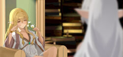 2girls absurdres blonde_hair blurry blurry_foreground book book_stack breasts closed_mouth commentary_request earclip elf flower frieren grey_hair highres indoors long_hair medium_breasts multiple_girls pointy_ears robe senbonsang serie_(sousou_no_frieren) sitting smile sousou_no_frieren white_flower white_robe yellow_eyes