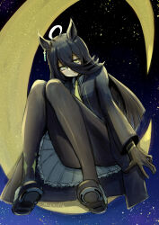 Rule 34 | 1girl, :/, animal ears, artist name, black coat, black gloves, black pantyhose, black shirt, black shoes, closed mouth, coat, cowboy shot, crescent moon, ear tag, earrings, expressionless, gloves, hair between eyes, highres, horse ears, horse girl, horseshoe, jewelry, long hair between eyes, long sleeves, magnoliko, manhattan cafe (umamusume), moon, multicolored hair, necktie, night, night sky, open clothes, open coat, pantyhose, pleated skirt, shirt, shoes, signature, single earring, sitting, skirt, sky, solo, star (sky), starry sky, umamusume, white hair, yellow eyes, yellow necktie