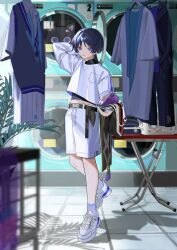 1boy absurdres alternate_costume aqua_necktie arm_at_side arm_up basket belt black_belt black_kimono black_shorts black_undershirt blue_kimono blunt_ends breast_pocket buckle casual clothesline collared_shirt contemporary cropped_shirt cross-laced_shoes full_body genshin_impact gold_trim grey_sweater_vest hair_intakes highres hip_vent holding holding_phone holding_unworn_clothes indoors japanese_clothes juban kimono layered_sleeves long_sleeves looking_at_viewer male_focus midriff_peek necktie open_mouth phone plant pocket pom_pom_(clothes) purple_bag purple_eyes purple_hair red_kimono ribbed_socks rtms scaramouche_(cat)_(genshin_impact) scaramouche_(genshin_impact) shadow shirt shoes short_sleeves shorts snap-fit_buckle sneakers socks solo sweater_vest table tassel three-quarter_sleeves twitter_username unworn_clothes washing_machine white_kimono white_mouth white_shirt white_shorts white_sleeves white_socks white_undershirt wispy_bangs