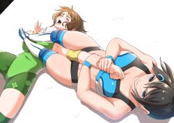 28adg 2girls absurdres blue_eyes boots hair_ornament hairclip highres knee_pads multiple_girls nagano_aoi navel original short_hair wristband