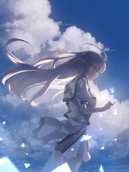 1girl ahoge asukake_project bug butterfly closed_eyes closed_mouth cloud cloudy_sky commentary flower from_side hair_flower hair_ornament highres insect long_hair naruse_shiroha pleated_skirt profile sailor_collar school_uniform serafuku short_sleeves skirt sky solo standing summer_pockets summer_pockets_school_uniform summer_uniform white_hair white_sailor_collar white_serafuku white_skirt