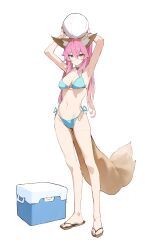 absurdres animal_ear_fluff animal_ears armpits ball beachball bikini blue_bikini breasts brown_fur cleavage closed_mouth cooler fate/extra fate_(series) flip-flops fox_ears fox_girl fox_tail full_body hair_between_eyes highres holding holding_ball holding_beachball kji_daily long_hair looking_at_viewer medium_breasts pink_hair sandals simple_background smile solo standing swimsuit tail tamamo_(fate) turquoise_bikini white_background yellow_eyes