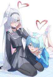 Rule 34 | 2girls, :d, absurdres, arm around waist, arm behind back, arona (blue archive), black hairband, black pantyhose, black sailor collar, black serafuku, black shirt, black shoes, black skirt, blue archive, blue eyes, blue hair, blue shirt, blunt bangs, blush, bow, braid, colored inner hair, commentary, cropped shirt, dere mono j, eyelashes, feet up, full body, grey eyes, grey hair, hair bow, hair over one eye, hairband, halo, hand on own cheek, hand on own face, hand up, happy, heart, heart halo, high-waist skirt, highres, hug, long bangs, long hair, long sleeves, lying, miniskirt, mismatched pupils, multicolored hair, multiple girls, neckerchief, on stomach, open mouth, pantyhose, pink hair, plana (blue archive), pleated skirt, puffy long sleeves, puffy sleeves, red halo, red pupils, sailor collar, school uniform, serafuku, shirt, shoe soles, shoes, short hair, simple background, single braid, sitting, skirt, smile, sneakers, straight hair, tareme, the pose, tile floor, tiles, tsurime, v, very long hair, wariza, white background, white bow, white hairband, white neckerchief, white sailor collar, white shoes, white skirt