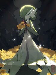 Rule 34 | arc draws, bob cut, closed eyes, colored skin, dress, flower, gardevoir, gen 3 pokemon, green hair, green skin, highres, holding, holding flower, multicolored skin, nintendo, pokemon, pokemon (creature), two-tone skin, white dress, white skin, yellow flower