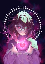 1girl absurdres artist_name bete_noire black_background brown_hair colored_tips commentary english_commentary glitchtale glowing green_eyes grin hair_behind_ear hair_between_eyes hands_up heart heterochromia highres long_sleeves looking_at_viewer medium_hair multicolored_hair nimbuseki pink_eyes pink_hair pink_sweater puffy_long_sleeves puffy_sleeves purple_sweater sidelighting simple_background slit_pupils smile solo straight-on sweater turtleneck turtleneck_sweater two-tone_hair two-tone_sweater undertale upper_body