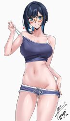 1girl absurdres bare_shoulders blue_hair blue_shorts blush borrowed_character breasts camisole commentary_request glasses highres large_breasts looking_at_viewer navel no_panties original revision round_eyewear short_hair short_shorts shorts simple_background smile solo spaghetti_strap strap_pull white_background yoo_tenchi