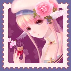 Rule 34 | 1girl, arch bishop (ragnarok online), blue border, blue dress, blush, border, breasts, brown eyes, cleavage cutout, clothing cutout, commentary request, cross, dress, feathered wings, flower, hat, hat flower, head wings, highres, lips, long hair, looking at viewer, medium breasts, noco (user 1490719), open mouth, outside border, pink flower, pink hair, pink rose, potion, purple background, ragnarok online, rose, sidelocks, solo, tam (ragnarok online), two-tone dress, upper body, white dress, white hat, white wings, wings