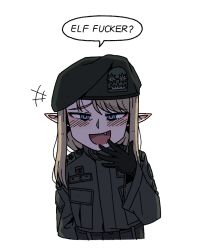 1girl :d black_gloves blush english_text fang gloves hat jacket karepack long_hair long_sleeves looking_at_viewer open_mouth original pointy_ears simple_background smile solo speech_bubble white_background