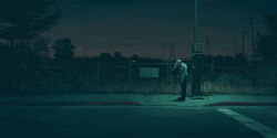 Rule 34 | 1boy, head-mounted display, highres, lamppost, night, no trespassing, official art, payphone, phone, road, science fiction, shirt, sidewalk, simon stalenhag, the electric state, tree, utility pole, white shirt