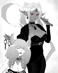 2girls alternate_breast_size alternate_costume alternate_skin_color alternate_universe aura_(sousou_no_frieren) black_dress braid chain choker cleavage_cutout clothing_cutout collar dark_skin demon_girl dress elf expressionless fluffy_hair frieren frown greyscale hatching_(texture) highres holding holding_chain holding_rod horns looking_at_another miregeist monochrome multiple_braids multiple_girls parted_bangs pointy_ears red_eyes rod simple_background slit_pupils sousou_no_frieren spot_color standing twintails white_background