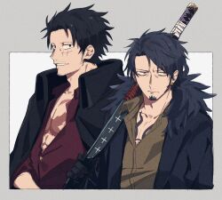 2boys abs adam&#039;s_apple aged_up bare_pectorals black_coat black_eyes black_fur black_gloves black_hair brown_shirt chest_tattoo closed_mouth coat collarbone collared_shirt commentary_request curtained_hair dekaidaikon facial_hair facial_scar frown fur-trimmed_coat fur_trim gloves goatee high_collar highres holding holding_sword holding_weapon looking_to_the_side male_focus monkey_d._luffy multiple_boys one_piece open_collar pectorals red_shirt scar scar_on_cheek scar_on_chest scar_on_face shirt short_hair sideburns sideways_glance sword tattoo toned toned_male trafalgar_law weapon wing_collar