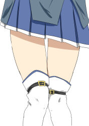 Rule 34 | 1girl, absurdres, belt, blue skirt, commentary, highres, inushida, lower body, magical girl, mahou shoujo madoka magica, mahou shoujo madoka magica (anime), miki sayaka, miki sayaka (magical girl), pleated skirt, simple background, skirt, solo, standing, thigh belt, thigh focus, thigh strap, thighhighs, white background, white thighhighs