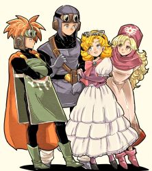 1980s_(style) 2boys 2girls blonde_hair blue_eyes breasts brown_hair closed_mouth curly_hair dragon_quest dragon_quest_ii dress full_body goggles goggles_on_head goggles_on_headwear hood long_hair male_focus multiple_boys multiple_girls oldschool open_mouth prince_of_lorasia prince_of_samantoria princess_of_moonbrook princess_of_samantoria robe saitou_piyoko short_hair simple_background smile spiked_hair white_robe