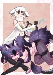 2girls animal_ears bare_shoulders bikini black_eyes black_gloves black_hair black_pantyhose black_shirt black_shorts blue_eyeshadow blush cerberus_(kemono_friends) closed_eyes cutoffs dog_ears dog_girl dog_tail elbow_gloves extra_ears eyeshadow fingerless_gloves fins fur_collar fur_trim gloves hair_between_eyes harp harp_seal_(kemono_friends) head_fins instrument kemono_friends kishida_shiki makeup midriff multicolored_hair multiple_girls musical_note nail_polish navel open_mouth pantyhose purple_hair purple_nails saliva scar scar_across_eye scar_on_face seal_girl shirt short_hair short_shorts shorts sidelocks sleeping sleeveless spaghetti_strap strapless swimsuit tail tube_top white_bikini white_fur white_gloves