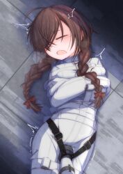 Rule 34 | 1girl, ahoge, arms across body, arms under breasts, bdsm, belt buckle, bodysuit, bound, bound arms, bound legs, braid, brown hair, buckle, closed eyes, fang, highres, hitachi magic wand, long hair, lying, madotsuki, menou 74, on back, open mouth, sex toy, skin fang, solo, straitjacket, twin braids, vibrator, white bodysuit, yume nikki
