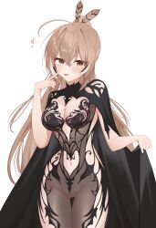 1girl absurdres alternate_costume black_cloak black_dress black_hair breasts brown_eyes brown_hair chronopattern_dress cloak dress feather_hair_ornament feathers hair_ornament heart highres hololive hololive_english medium_breasts multicolored_hair nanashi_mumei narukahana navel ponytail solo streaked_hair tongue tongue_out virtual_youtuber white_hair