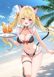1girl :d absurdres animal_ear_fluff animal_ears beach bell bikini black_bikini blonde_hair breasts cat_ears cat_girl cat_tail center-flap_bangs cleavage commentary_request day double-parted_bangs frilled_bikini frills hair_ribbon heterochromia highres holding holding_tray hoshikawa_sara jingle_bell long_hair looking_at_viewer maid maid_bikini maid_headdress multi-strapped_bikini_bottom multi-strapped_bikini_top navel neck_bell nijisanji o-ring o-ring_thigh_strap open_mouth orange_eyes outdoors red_eyes ribbon sandals smile solo swimsuit tail thigh_gap thigh_strap tray twintails unconventional_maid very_long_hair virtual_youtuber ysnhryk