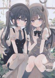 Rule 34 | 2girls, angel wings, black dress, black hair, blush, bow, breasts, brown dress, brown hair, closed mouth, collared shirt, demon girl, demon horns, demon wings, dress, grey eyes, hair between eyes, hair bow, hair ornament, hairclip, halo, highres, horns, hoshi (snacherubi), long hair, looking at viewer, multiple girls, necktie, original, parted lips, shirt, short sleeves, smile, thighhighs, twintails, white shirt, wings
