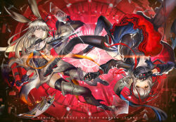 Rule 34 | 2girls, animal ear fluff, animal ears, arknights, assault rifle, black gloves, black jacket, black pantyhose, black scarf, black skirt, black thighhighs, boots, commentary, demon girl, demon horns, detonator, frostnova (arknights), gloves, grenade launcher, grey hair, grey scarf, grey shirt, gun, highres, horns, jacket, jujumaho (nanigaxila), long hair, m4 carbine, multiple girls, open clothes, open jacket, pantyhose, photoshop (medium), red eyes, red nails, red theme, revision, rifle, ring hair ornament, rotational symmetry, scar, scar on face, scar on nose, scarf, shirt, short hair, skirt, thighhighs, w (arknights), weapon