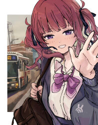 1girl blush bow brown_hair bus cevio hair_ribbon hakamada_tama highres jacket long_hair long_sleeves looking_at_viewer motor_vehicle natsuki_karin open_mouth purple_eyes ribbon shirt smile synthesizer_v twintails