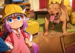 1girl animal backpack bag blue_eyes blunt_bangs child coffee_table dog hat highres kanna_kamui khyle. kobayashi-san_chi_no_maidragon open_mouth peril randoseru saliva scared shaded_face sweat table tongue tongue_out