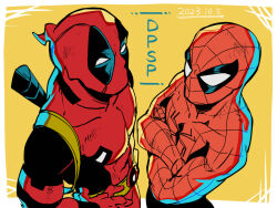 2boys animal_print belt black_bodysuit bodysuit border commentary_request crossed_arms dated deadpool deadpool_(series) hand_on_own_hip male_focus marvel momoi_housuke multiple_boys outside_border red_bodysuit simple_background spider-man spider-man_(series) spider_print spider_web_print superhero_costume two-tone_bodysuit weapon weapon_on_back white_border yellow_background yellow_belt