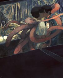 2boys 2ru4shi abstract_background black_eyes black_hair body_horror from_side hand_on_another&#039;s_chest highres kiss male_focus monster_boy multiple_boys original short_hair tentacles tentacles_on_male yaoi