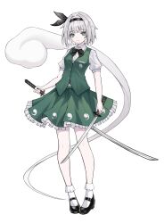 1girl artist_request black_bow black_bowtie black_hairband black_shoes bow bowtie closed_mouth collared_shirt commentary commentary_request dual_wielding english_commentary frilled_skirt frills full_body green_skirt green_vest grey_hair hairband high_heels highres hitodama hitodama_print holding holding_sword holding_weapon katana konpaku_youmu konpaku_youmu_(ghost) light_smile looking_at_viewer mixed-language_commentary psd_available puffy_short_sleeves puffy_sleeves reverse_grip second-party_source shirt shoes short_hair short_sleeves skirt skirt_set socks solo sword tachi-e touhou transparent_background vest weapon white_shirt white_socks