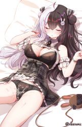 1girl ahoge animal_bag bag baram bare_shoulders bed_sheet black_bra black_hair black_panties bow bra breasts cleavage closed_eyes clothes_lift commentary_request commission cum cum_on_body cum_on_breasts cum_on_clothes cum_on_upper_body double_bun facial frilled_skirt frills grey_bow grey_hair grey_skirt hair_bow hair_bun hair_ornament hands_up highres long_hair lying medium_breasts multicolored_hair nail_polish nijisanji on_back panties parted_lips pillow pink_nails plaid_bow plaid_clothes plaid_skirt purple_hair rabbit_hair_ornament shirt shirt_lift shoulder_bag skeb_commission skirt skirt_lift sleeveless sleeveless_shirt solo streaked_hair twitter_username two-tone_hair underwear very_long_hair virtual_youtuber white_shirt yorumi_rena yorumi_rena_(11th_costume)