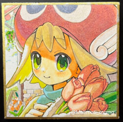 1girl amitie_(puyopuyo) blonde_hair blue_sweater border bouquet building closed_mouth day dot_nose flipped_sidelocks flower gradient_border green_eyes hand_up hanging_plant happy hat holding holding_bouquet light_blush looking_at_viewer motimoti_mgmg outdoors plant portrait potted_plant puyopuyo raised_eyebrows red_flower red_hat red_tulip shade short_hair sky smile solo sweater traditional_media tulip turtleneck turtleneck_sweater twitter_username yellow_border yellow_sleeves