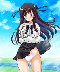 1girl alina_clover arms_under_breasts black_bow black_bowtie black_ribbon black_skirt blue_eyes blush bow bow_panties bowtie braid breasts brown_hair closed_mouth crossed_arms embarrassed full-face_blush gluteal_fold groin guild_no_uketsukejou_desu_ga_zangyou_wa_iya_nanode_boss_wo_solo_toubatsu_shiyou_to_omoimasu hair_ribbon lake large_breasts lips long_hair looking_at_viewer panties pantyshot ribbon shirt skirt solo tachibana_hiroki underwear very_long_hair white_panties white_shirt wind wind_lift