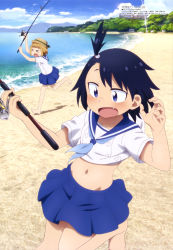 &gt;_&lt; 2girls absurdres arm_up barefoot beach black_hair blue_eyes blue_skirt blue_sky brown_hair building clothes_lift cloud day fang fishing_line fishing_rod hat hat_ribbon highres hodaka_natsumi holding holding_fishing_rod houkago_teibou_nisshi kumagai_katsuhiro mountain mountainous_horizon multiple_girls navel ocean official_art open_mouth outdoors pleated_skirt ribbon running sailor_collar school_uniform shirt shirt_lift skirt sky tree tsurugi_hina white_shirt