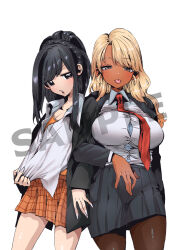 Rule 34 | 2girls, alternate hairstyle, artist request, black eyes, black hair, black jacket, black pantyhose, black skirt, blazer, blonde hair, breasts, brown eyes, cosplay, costume switch, dark-skinned female, dark skin, eyelashes, food court de mata ashita, gyaru, hairstyle switch, jacket, large breasts, long hair, looking at viewer, miniskirt, multiple girls, necktie, open collar, open mouth, pantyhose, plaid clothes, plaid skirt, pleated skirt, red necktie, sample watermark, school uniform, shirt, simple background, skirt, source request, standing, wada (food court), wada (food court) (cosplay), watermark, white background, white nails, white shirt, yamamoto (food court), yamamoto (food court) (cosplay)