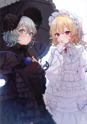 2girls absurdres alternate_costume black_bonnet black_bow black_dress black_umbrella blonde_hair blush bonnet bow cowboy_shot dress flandre_scarlet frilled_dress frills gothic_lolita green_eyes green_hair hand_to_own_mouth heart heart_of_string highres hiwokawa holding holding_umbrella komeiji_koishi lolita_fashion long_sleeves looking_at_viewer multiple_girls red_eyes scan short_hair third-party_source third_eye touhou umbrella white_bonnet white_bow white_dress wide_sleeves wings
