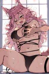 1boy 1girl animal_ear_fluff animal_ears arknights bikini black_bikini breasts commentary_request fangs grabbing_another&#039;s_breast grabbing_from_behind groping hetero highres kyuu_(plastic_night_q) long_hair medium_breasts navel one_eye_closed open_mouth pink_eyes pink_hair pozyomka_(arknights) solo_focus sweat swimsuit
