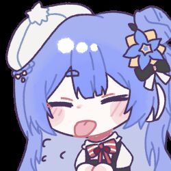 1girl animated animated_gif azusa_(vtuber) virtuareal_link beret blue_hair closed_eyes dress flower hair_flower hair_ornament hat nijisanji official_alternate_costume pekoii- pinafore_dress sleeveless sleeveless_dress solo tongue tongue_out virtual_youtuber virtuareal white_background