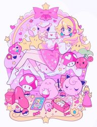 1girl armchair artist_name bento blonde_hair blue_eyes blush blush_stickers bow bubble_tea cake candy casual chair chansey cherubi closed_eyes closed_mouth commentary creatures_(company) crown cup disposable_cup drink drinking_straw earrings english_commentary eyelashes figure food food_in_mouth fruit full_body game_freak gen_1_pokemon gen_3_pokemon gen_4_pokemon hair_between_eyes handheld_game_console hands_up happy_meal headphones heart highres holding holding_cup holding_handheld_game_console jewelry jigglypuff kirby kirby_(series) long_hair long_sleeves looking_at_viewer luvdisc mario_(series) mcdonald&#039;s meowwniz mouth_hold mushroom nintendo nintendo_switch on_chair pink_bow pink_headphones pink_skirt pink_theme planet pocky pocky_in_mouth poke_ball poke_ball_(basic) pokemon pokemon_(creature) princess_peach sidelocks skirt skitty socks sphere_earrings star_(symbol) super_star_(mario) strawberry super_mushroom super_princess_peach sweater tray turtleneck turtleneck_sweater twitter_username watermark white_background white_socks white_sweater winged_headphones