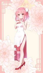 1girl ando_(user_hyza3545) bare_arms bare_shoulders blue_archive breasts bun_cover china_dress chinese_clothes covered_groin covered_navel dress floral_background floral_print flower full_body hair_between_eyes hair_bun halo hands_on_own_chest hands_up high_heels light_blush long_dress looking_at_viewer medium_breasts medium_hair parted_lips pink_background pink_hair raised_inner_eyebrows red_dress red_eyes red_flower red_ribbon red_shoes ribbon serina_(blue_archive) shoes single_side_bun sleeveless sleeveless_dress solo standing white_dress yellow_background yellow_halo