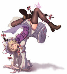 1girl 2violetdetector absurdres black_thighhighs blonde_hair boots breasts brown_boots dress gap_(touhou) hat highres long_hair mob_cap purple_tabard red_eyes smile solo tabard thigh_strap thighhighs tongue tongue_out touhou white_background white_dress yakumo_yukari