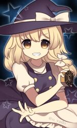 Rule 34 | 1girl, apron, black hat, black skirt, black vest, blonde hair, bow, cowboy shot, dark background, frilled apron, frills, hair bow, hat, hat bow, hat ribbon, highres, holding, kirisame marisa, long hair, looking at viewer, mini-hakkero, open mouth, phantasmagoria of dim.dream, puffy short sleeves, puffy sleeves, ribbon, shirt, short sleeves, simple background, skirt, skirt set, solo, star (symbol), teeth, touhou, touhou (pc-98), v-shaped eyebrows, vest, waist apron, white apron, white bow, white ribbon, white shirt, witch hat, yadoyuki, yellow eyes