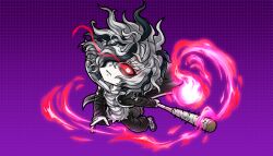 1boy baseball_bat black_jacket black_pants chibi chibi_only clenched_teeth colored_sclera grey_hair highres holding holding_baseball_bat hood hoodie jacket looking_at_viewer male_focus nail nail_(hardware) nail_bat non-web_source official_art otori_ojirou pants purple_background q_(tribe_nine) red_sclera short_hair solo teeth tribe_nine white_eyes white_hoodie
