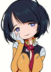 1girl beeru_(veil8801) black_hair blue_eyes blush bob_cut breasts cleavage derivative_work earth_federation gloves gundam gundam_gquuuuuux hand_on_own_face highres looking_at_viewer mecha_pilot_suit portrait red_scarf scarf science_fiction shiiko_sugai undressing unkempt upper_body white_background