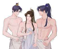 3boys abs bare_pectorals black_hair blush brown_hair chu_wanning clenched_hand closed_eyes cowboy_shot dual_persona erha_he_tadebai_mao_shizun furrowed_brow grin high_ponytail highres holding holding_towel hum_(s2mhms2) korean_commentary long_hair looking_at_another male_focus mo_ran multiple_boys muscular muscular_male naked_towel nipples open_mouth pectorals ponytail purple_eyes simple_background smile sweatdrop taxian-jun toned toned_male topknot topless_male towel white_background wide-eyed xiao_guan_(headdress) yaoi