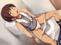 1girl blue_shorts blue_socks brown_eyes brown_hair clothes_pull female_focus maku_(l-u) makura_no_doushi open_mouth original panties panty_pull pee peeing short_hair shorts shorts_pull sitting socks solo spread_legs sweat tan tank_top tanline toilet toilet_use tomboy towel uncensored underwear white_panties