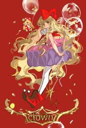 Rule 34 | 1girl, absurdres, balloon, blonde hair, blunt bangs, boots, bow, dress, frilled dress, frills, full body, hair bow, hat, highres, holding, holding balloon, kusu kusu (shugo chara!), long hair, mashiro rima, mento, mini person, minigirl, neck ruff, one eye closed, pajamas, pantyhose, pink dress, pointy footwear, red background, red boots, shugo chara!, simple background, sleeveless, sleeveless dress, solo, very long hair, white pantyhose, yellow eyes