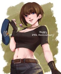 Rule 34 | 1girl, anniversary, artist name, beret, black gloves, black shirt, blue eyes, blue hat, brown hair, crop top, cropped shirt, fingerless gloves, gloves, hat, highres, holding, holding unworn clothes, holding unworn hat, jewelry, jill valentine, looking at viewer, lovers nero, midriff, navel, necklace, open mouth, resident evil, resident evil 1, shirt, short hair, signature, smile, unworn hat, unworn headwear, watermark