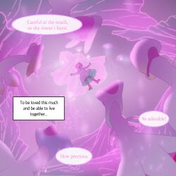 1girl aged_down alien alien_stage barefoot child closed_mouth commentary dress english_commentary english_text highres mizi_(alien_stage) open_mouth outstretched_arms pink_hair short_hair sleeveless sleeveless_dress smile spread_arms vivinos white_dress
