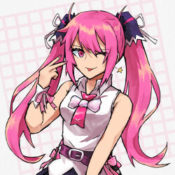 Rule 34 | 1girl, ;p, beatmania iidx, beatmania iidx 22 pendual, belt, bemani, black skirt, bow, bowtie, breasts, commentary, english commentary, hair ribbon, highres, long hair, looking at viewer, medium breasts, mizushiro celica, one eye closed, owatasalty, pink eyes, pink hair, pink nails, purple belt, ribbon, shirt, skirt, solo, star (symbol), striped bow, tongue, tongue out, twintails, upper body, v, very long hair, white bow, white bowtie, white ribbon, white shirt, wrist cuffs